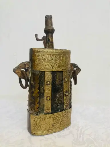 Antique original historic 1700-1800's large brass & horn flask! Museum piece! 24x10x5cm