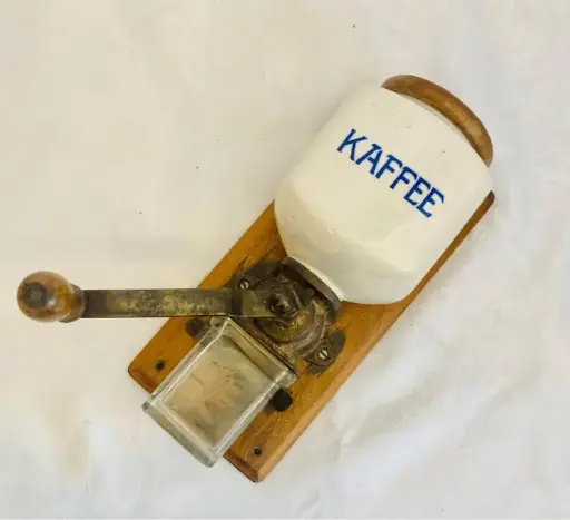 Antique wall-mounted German porcelain-wooden & cast-iron coffee grinder! Working! 30x15x11cm