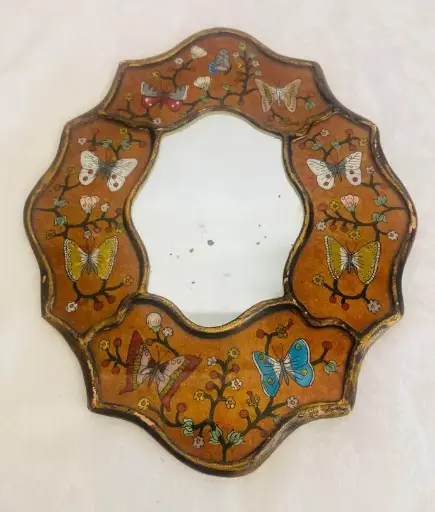 Antique handmade wooden & glass enameled/cloisonné mirror! 25x20 cm