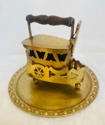 Antique original super rare brass charcoal iron & stand on tray! (recently cleaned) 21x21x10cm tray 30cm