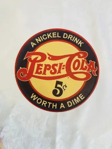 Antique Style Metal Round Pepsi Cola Tin Sign. 20cm
