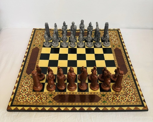 Antique large lead/metal &wooden board chess. 40x40x9cm.