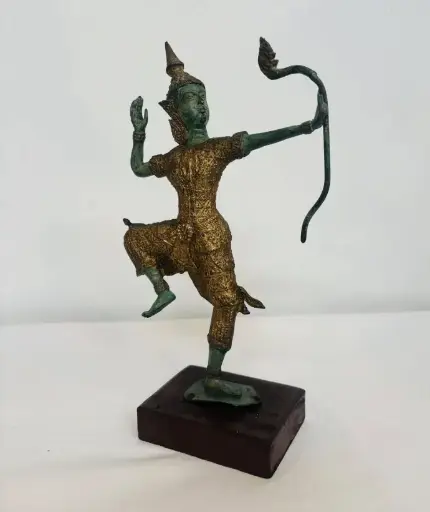 Vintage bronze Prince Rama statue on wooden base. 26x15cm