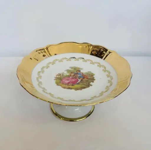 Antique handmade Bavarian porcelain gold plated plate with base. 21x10cm