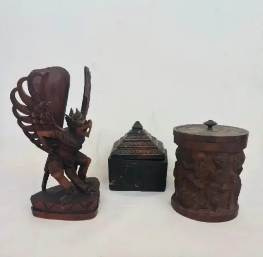 Collection of 3 antiques handmade highly carved wooden statue and 2 boxes