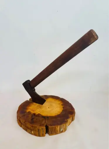 Antique handmade axe on wooden base. 37x13x8cm.