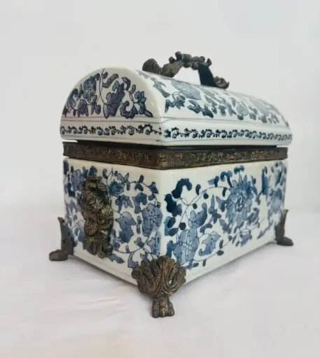 Antique rare historical original 1800’s large porcelain & bronze jewelry trunk box. 22x18x14cm