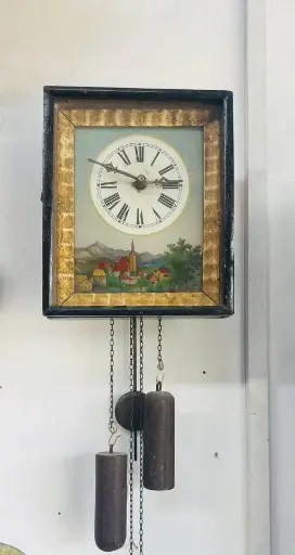Antique rare 1850’s hand painted mechanical weight driven German clock. Serviced working. 24x21x14cm