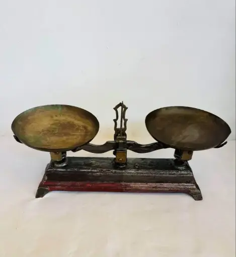 Antique Cast Iron and Brass Pans Scale. 40x20x16cm