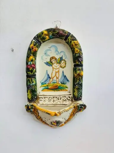 Antique 1800’s Rare Handmade Porcelain Wall Mounted Holly Water Basin. 38x21x11cm