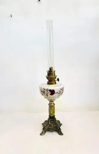 Antique 1800’s French Opal Glass Oil Lamps on Cast Iron Base. 52x13cm