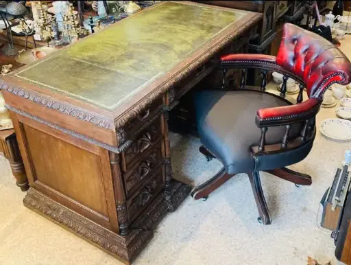 Antique Rare Historic Early 1800’s Heavy Handmade Wooden & Leather Desk with Chair. 145x73x72cm