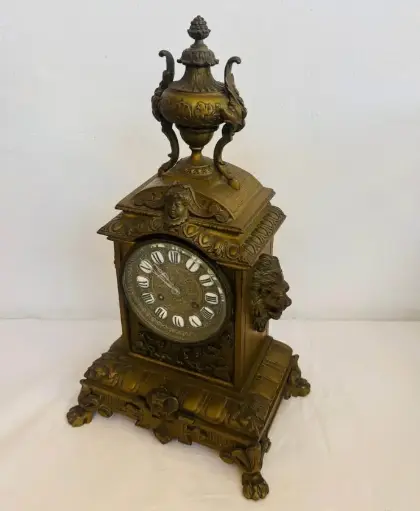 Antique 1800’s Heavy Bronze French Mechanical Mental Clock. Serviced & Working. 43x24x18cm