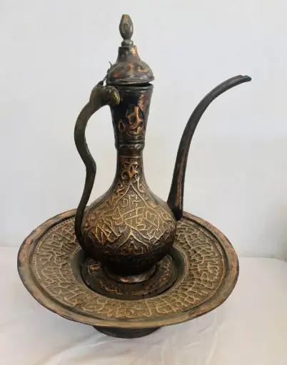 Antique Original 1800’s Rare Persian Quajar Copper Jug Set with Warmer Base. Great Condition. 53x40cm