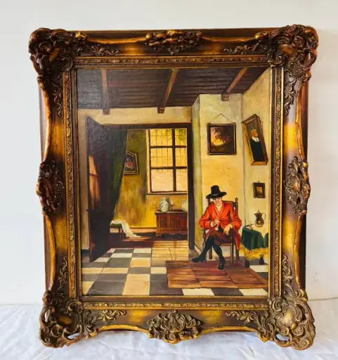 Large Antique Oil Painting, Signed with a Guild Highly Ornamented Frame. 78x68cm.