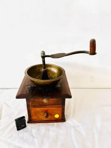 Antique original 1800’s oversized very large wooden, metal & brass grinder. Working.34x30x20cm