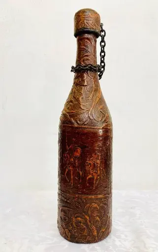 Antique beautiful glass &leather bottle with lid! Made in Spain! 35x9cm